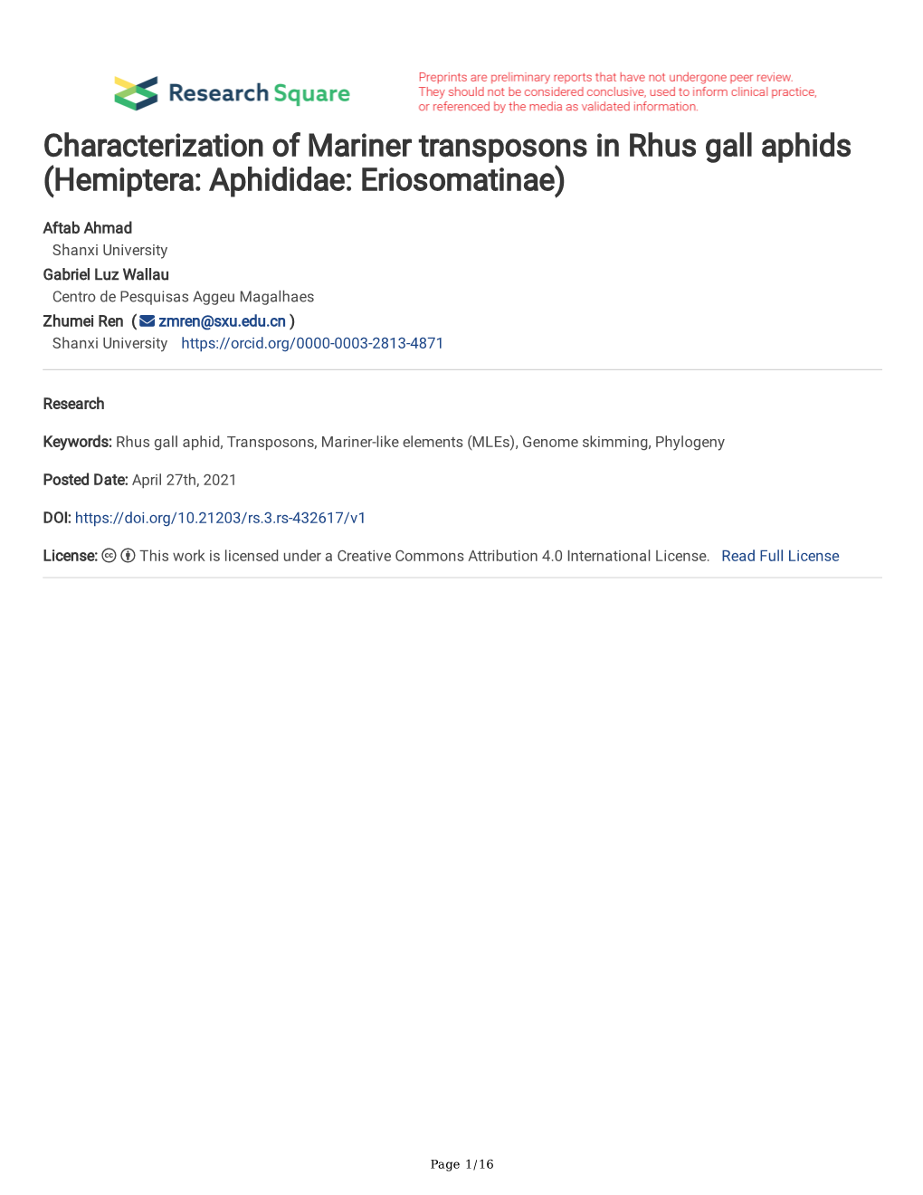 Characterization of Mariner Transposons in Rhus Gall Aphids (Hemiptera: Aphididae: Eriosomatinae)