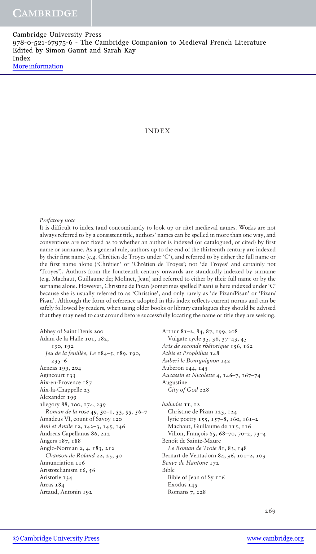 The Cambridge Companion to Medieval French Literature Edited by Simon Gaunt and Sarah Kay Index More Information