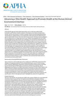 Advancing a 'One Health' Approach to Promote Health at the Human-Animal- Environment Interface
