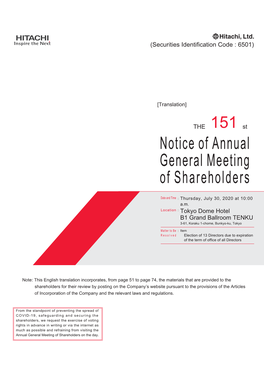 The 151St Notice of Annual General Meeting of Shareholders