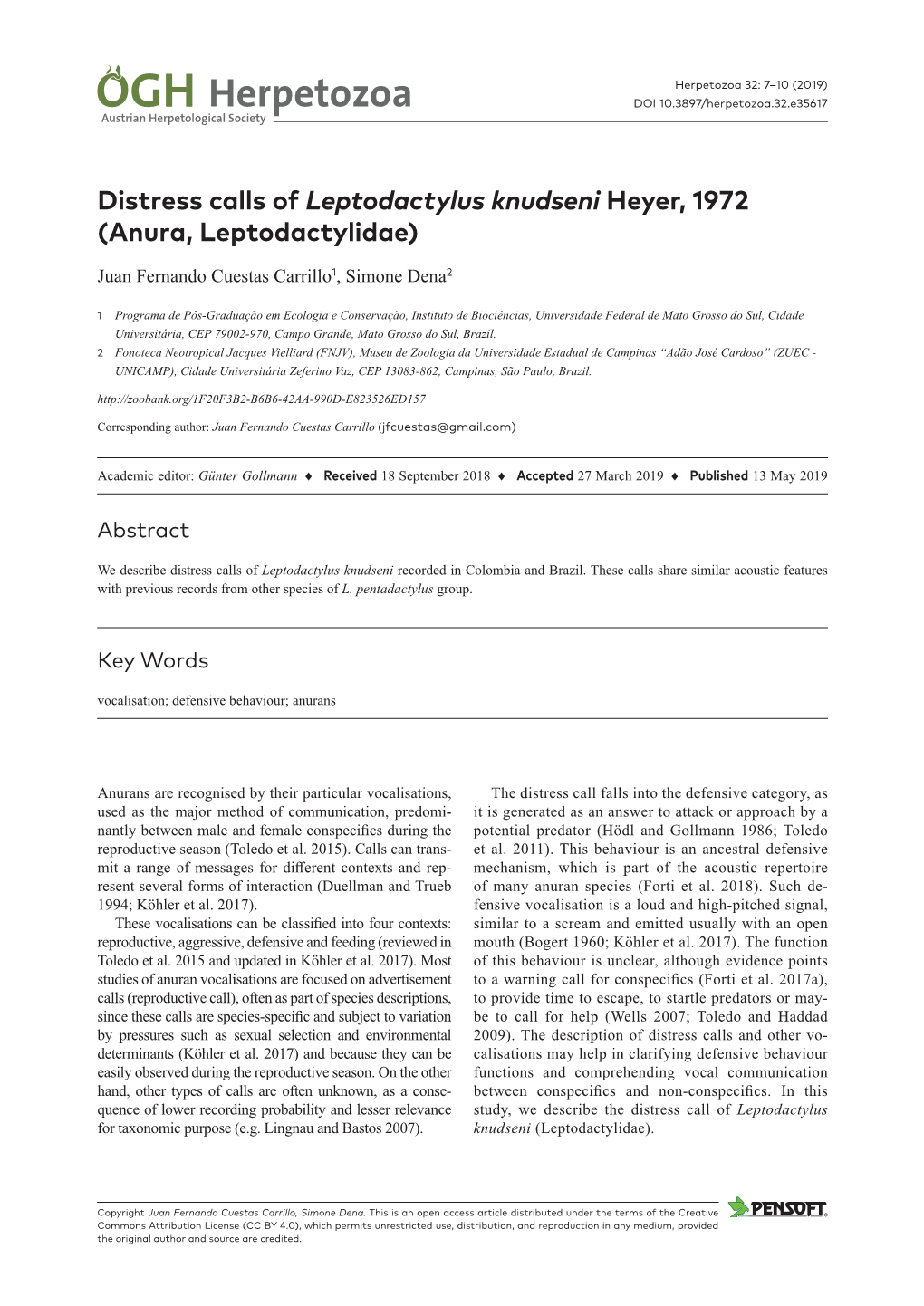 Distress Calls of Leptodactylus Knudseni Heyer, 1972 (Anura, Leptodactylidae)