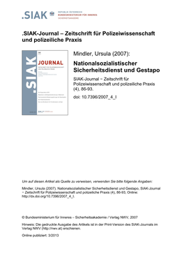 Nationalsozialistischer Sicherheitsdienst Und Gestapo SIAK-Journal − Zeitschrift Für Polizeiwissenschaft Und Polizeiliche Praxis (4), 86-93