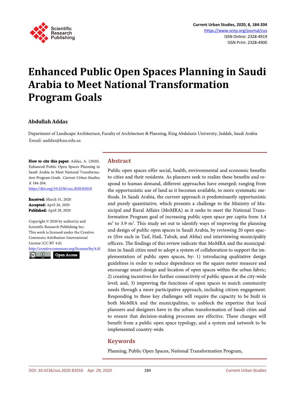 Enhanced Public Open Spaces Planning in Saudi Arabia to Meet National Transformation Program Goals