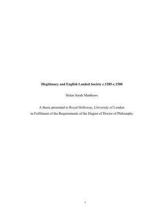 Illegitimacy and English Landed Society C.1285-C.1500 Helen Sarah