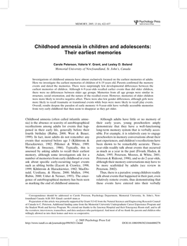 Childhood Amnesia in Children and Adolescents: Their Earliest Memories