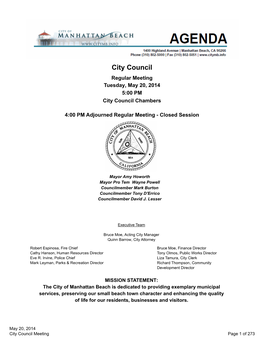 City Council Regular Meeting Tuesday, May 20, 2014 5:00 PM City Council Chambers