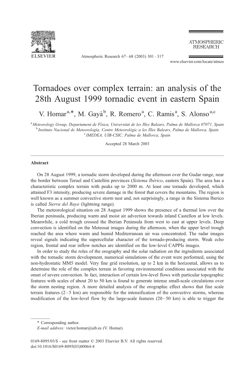 An Analysis of the 28Th August 1999 Tornadic Event in Eastern Spain