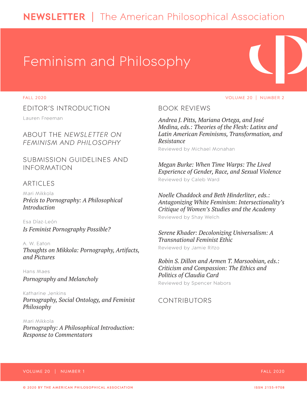 APA Newsletter on Feminism and Philosophy, Vol. 20, No. 2 (Fall 2020)