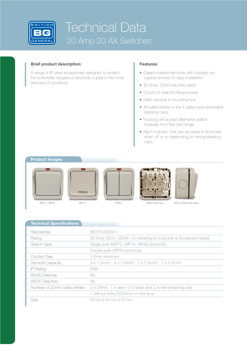 Technical Data 20 Amp 20 AX Switches