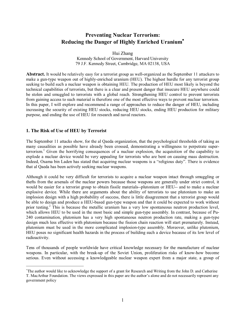 Reducing the Danger of Highly Enriched Uranium