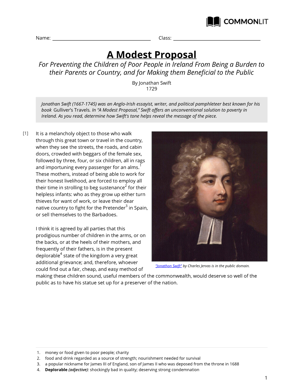 Commonlit | a Modest Proposal