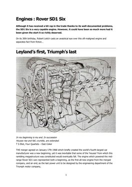 Engines : Rover SD1 Six Leyland's First, Triumph's Last