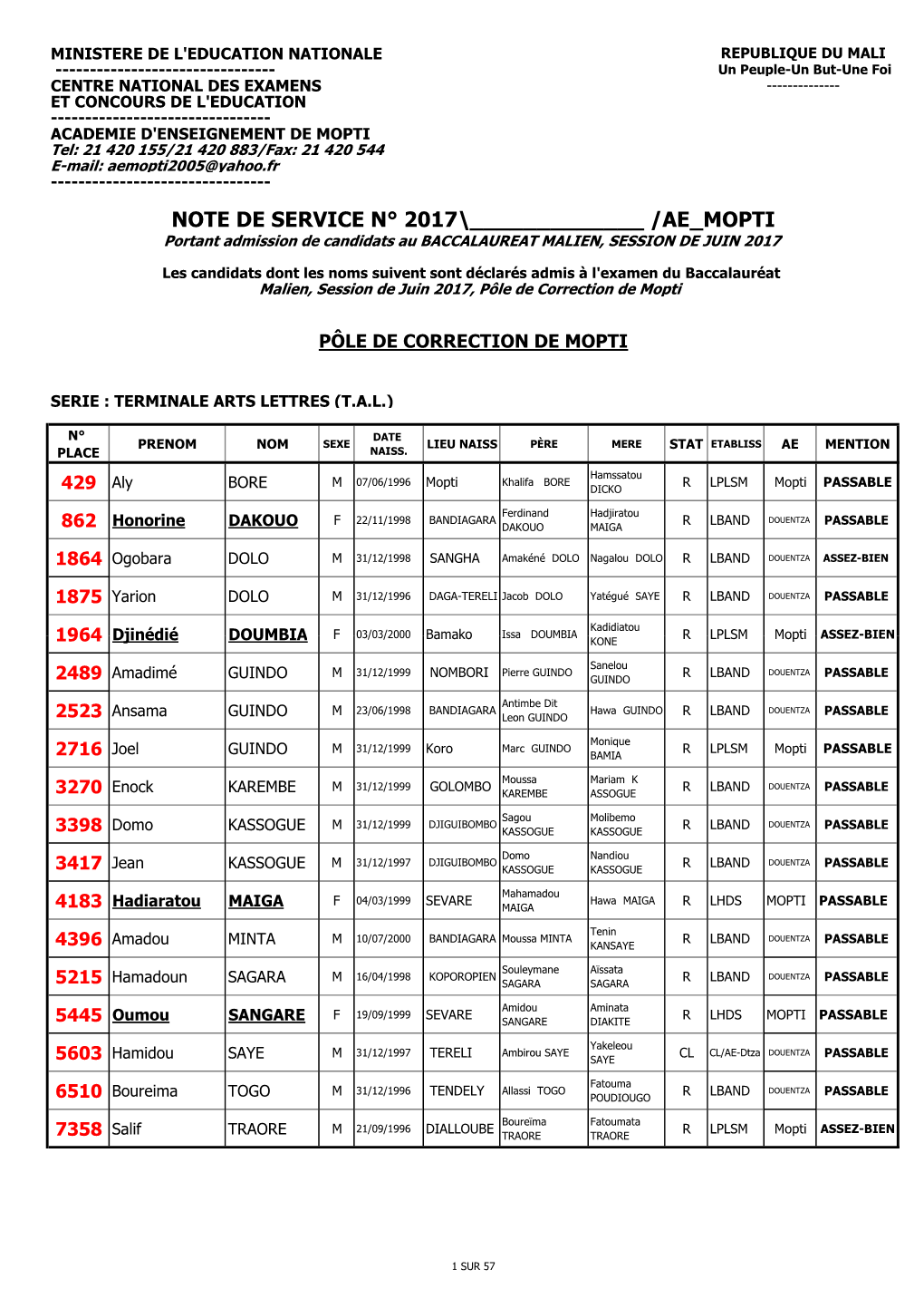 Note De Service Admis BAC 2017