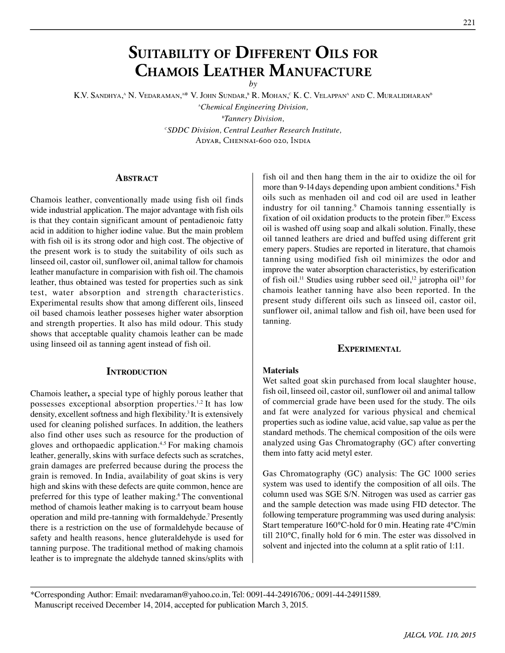 Suitability of Different Oils for Chamois Leather Manufacture by K.V