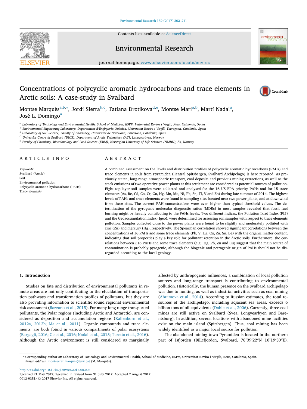 Concentrations of Polycyclic Aromatic Hydrocarbons and Trace Elements in Arctic Soils: a Case-Study in Svalbard