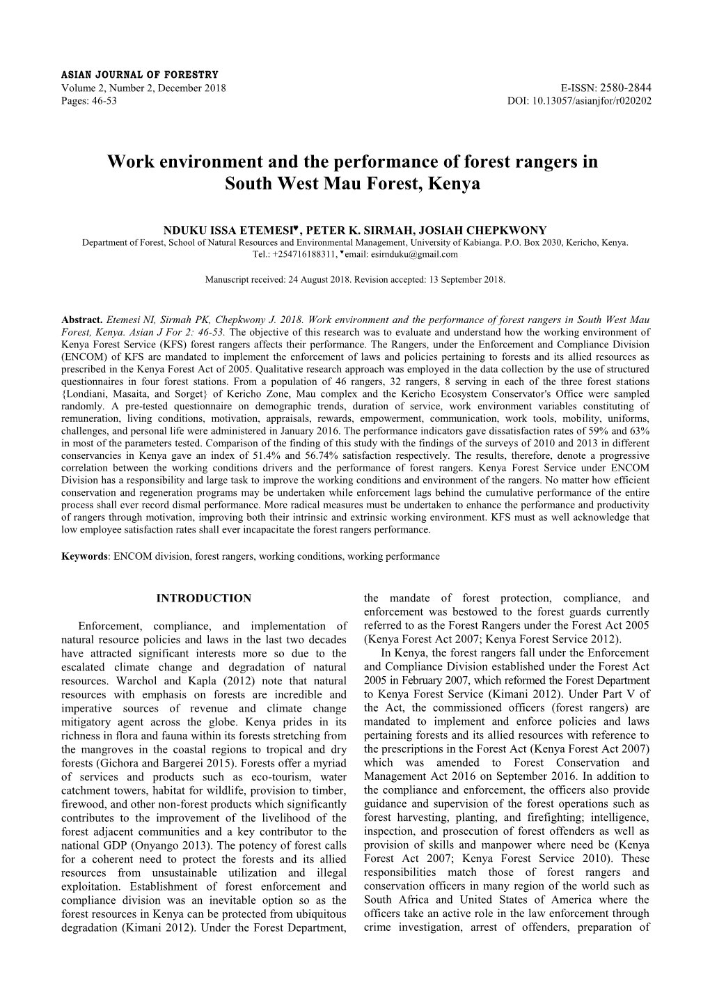 Work Environment and the Performance of Forest Rangers in South West Mau Forest, Kenya