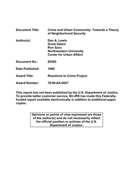 Volume III Crime and Urban Community: Towards a Theory Of