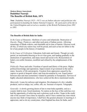 Dadabhai Naoroji: the Benefits of British Rule, 1871