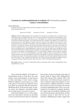 Cyanosis by Methemoglobinemia in Tadpoles of Cochranella Granulosa (Anura: Centrolenidae)
