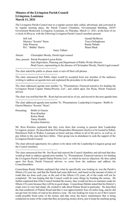 Minutes of the March 11, 2021 Regular Meeting of the Livingston Parish