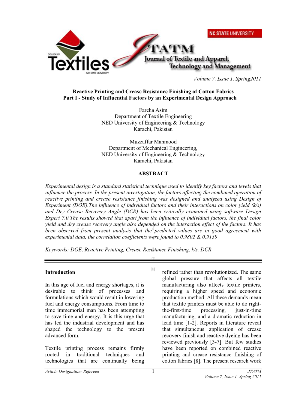 Reactive Printing and Crease Resistance Finishing of Cotton Fabrics Part I - Study of Influential Factors by an Experimental Design Approach