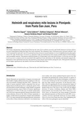 Helminth and Respiratory Mite Lesions in Pinnipeds from Punta San Juan, Peru