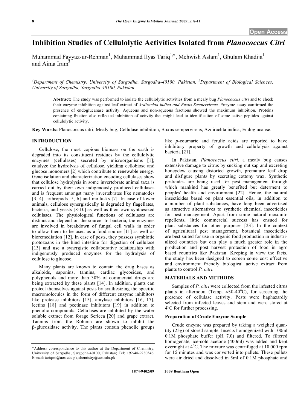 Inhibition Studies of Cellulolytic Activities Isolated from Planococcus Citri