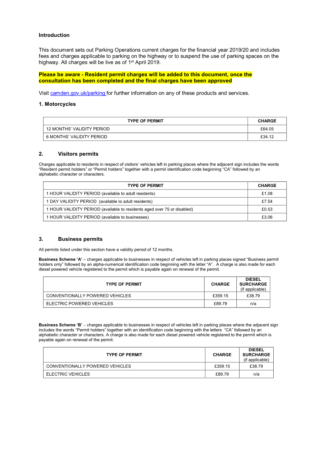 Introduction This Document Sets out Parking Operations Current Charges