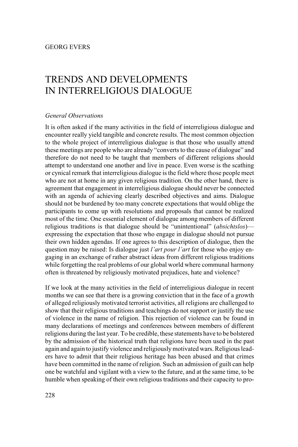 Trends and Developments in Interreligious Dialogue