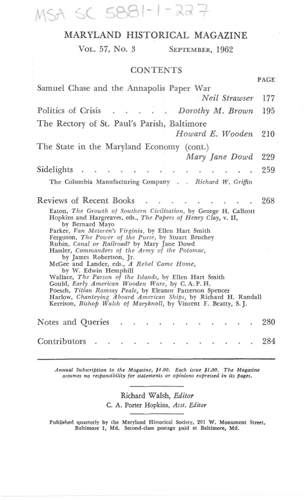 Maryland Historical Magazine, 1962, Volume 57, Issue No. 3