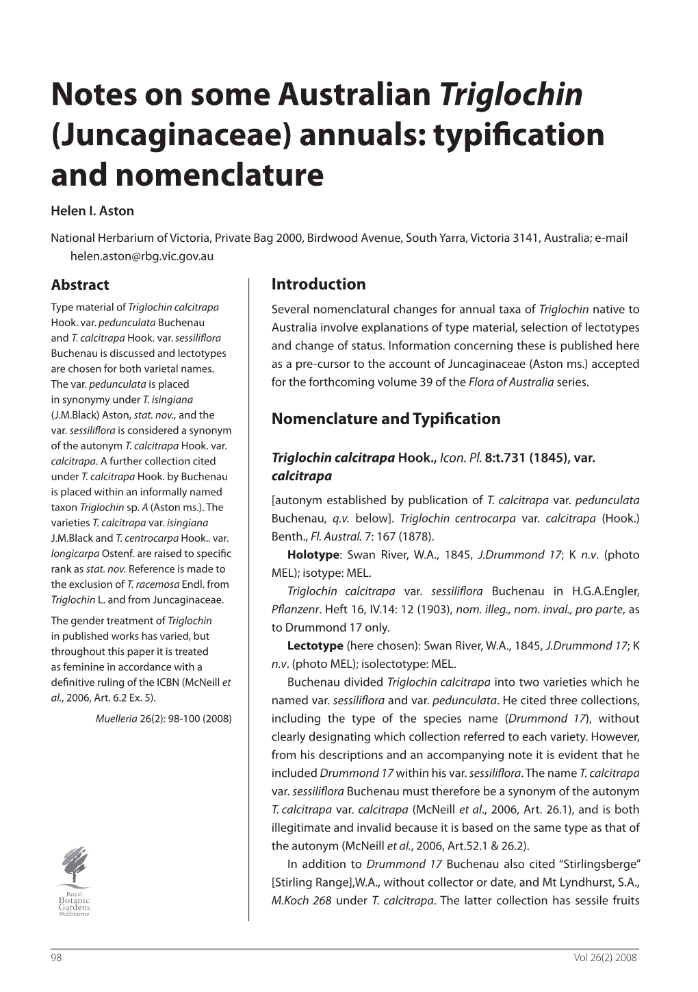 Notes on Some Australian Triglochin (Juncaginaceae) Annuals: Typification and Nomenclature Helen I