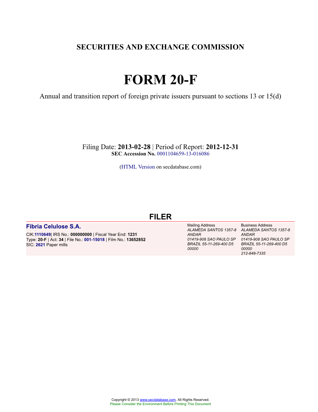 Fibria Celulose S.A. Form 20-F Filed 2013-02-28