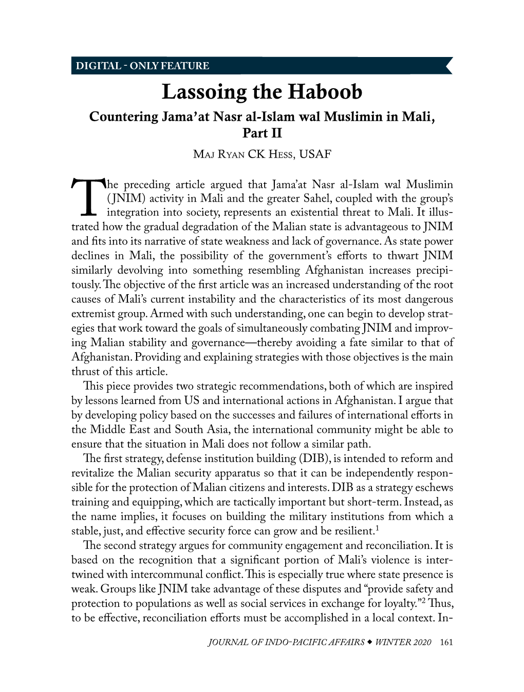 Lassoing the Haboob Countering Jama’At Nasr Al-Islam­ Wal Muslimin in Mali, Part II