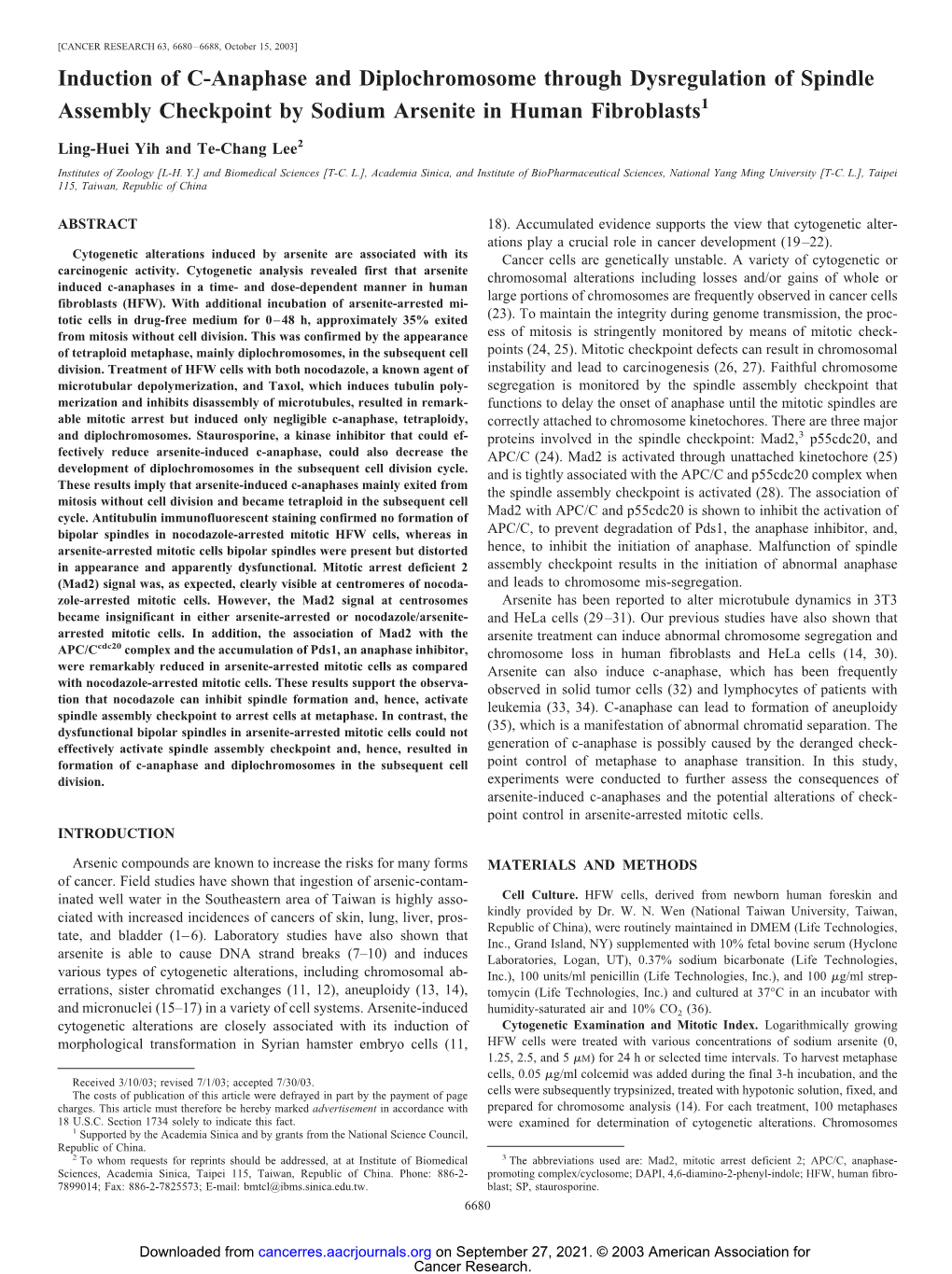 Induction of C-Anaphase and Diplochromosome Through Dysregulation of Spindle Assembly Checkpoint by Sodium Arsenite in Human Fibroblasts1