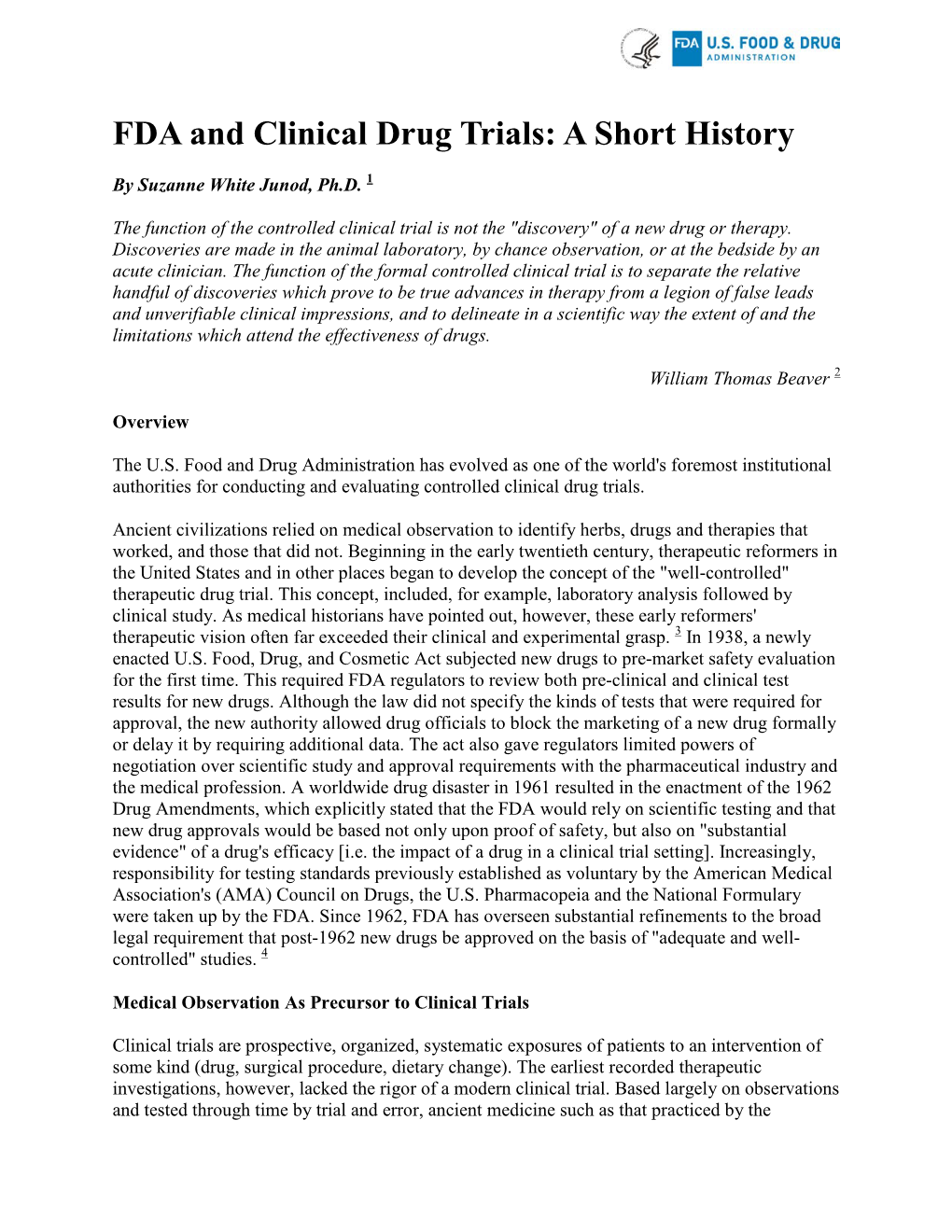 FDA and Clinical Drug Trials: a Short History