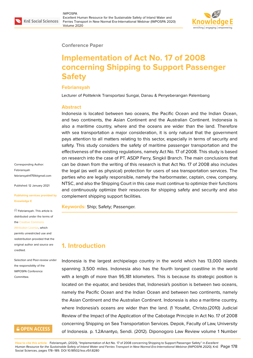 Implementation of Act No. 17 of 2008 Concerning Shipping to Support