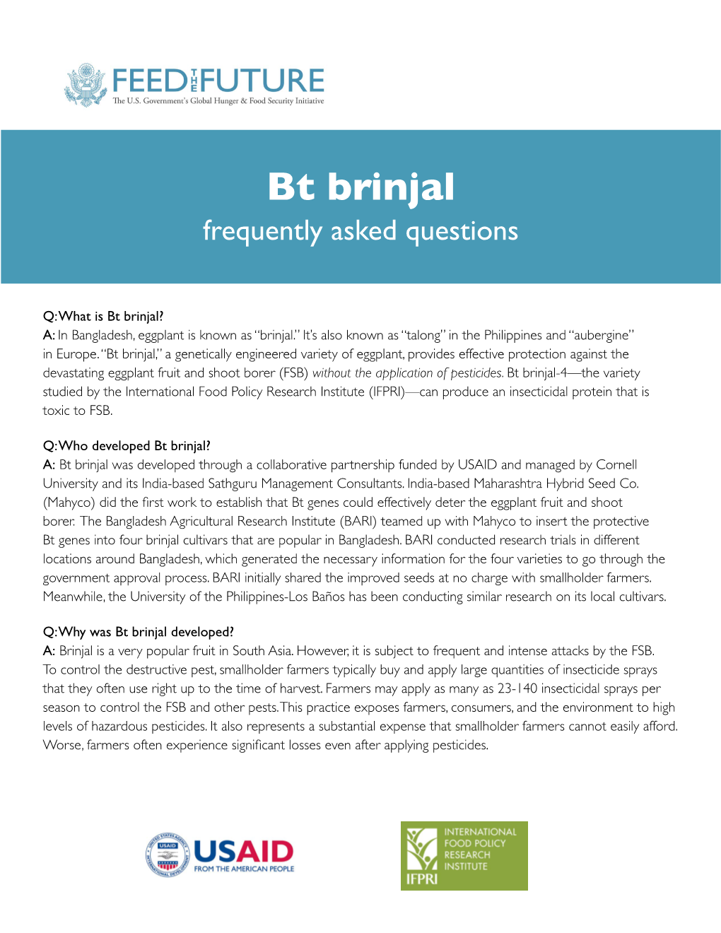 Bt Brinjal Frequently Asked Questions