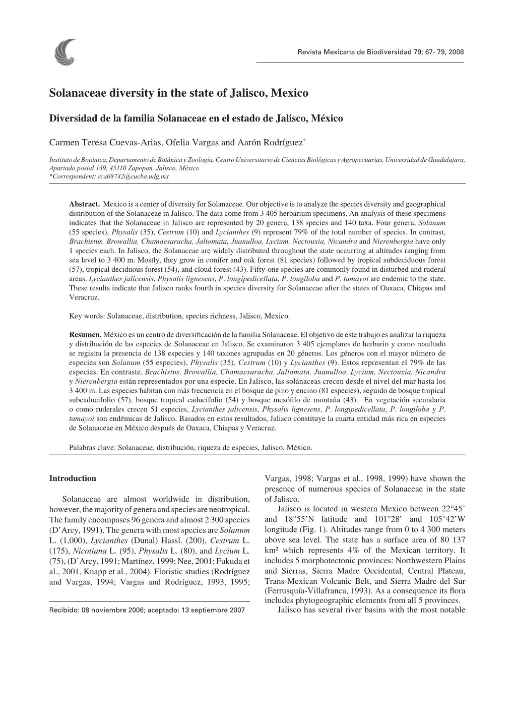 Solanaceae Diversity in the State of Jalisco, Mexico