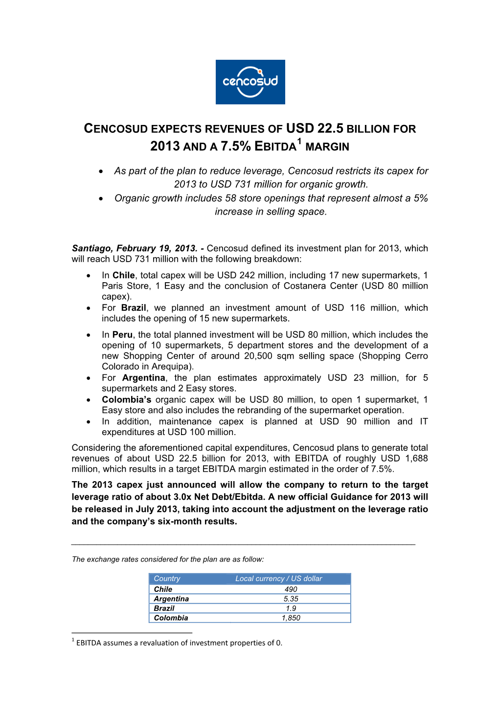 Cencosud Expects Revenues of Usd 22.5 Billion for 2013 and a 7.5