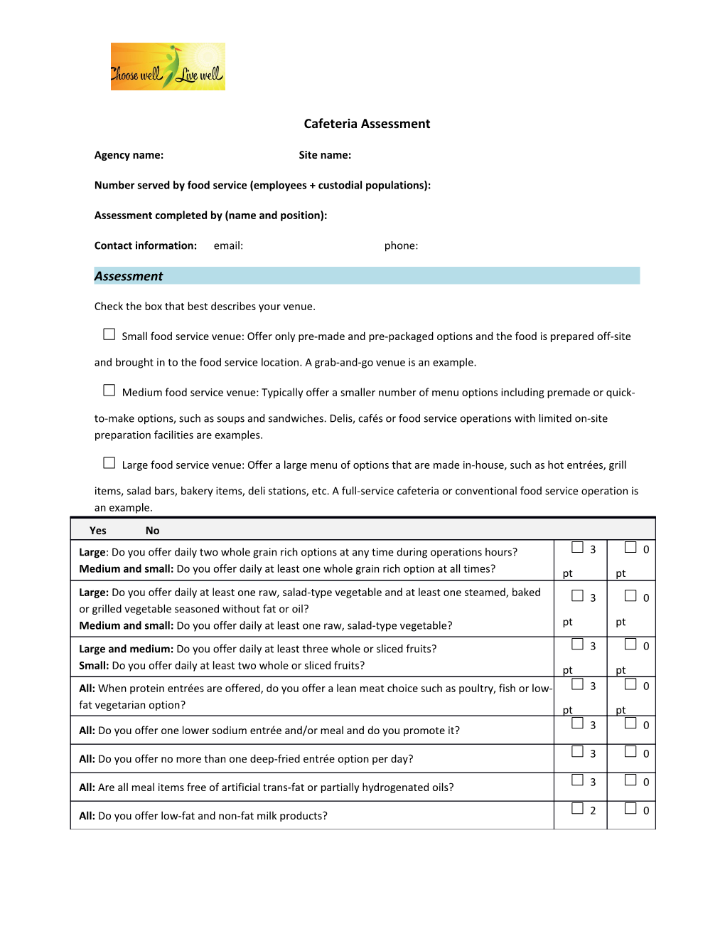 Healthy Nutrition Guidelines Cafeteria Assessment