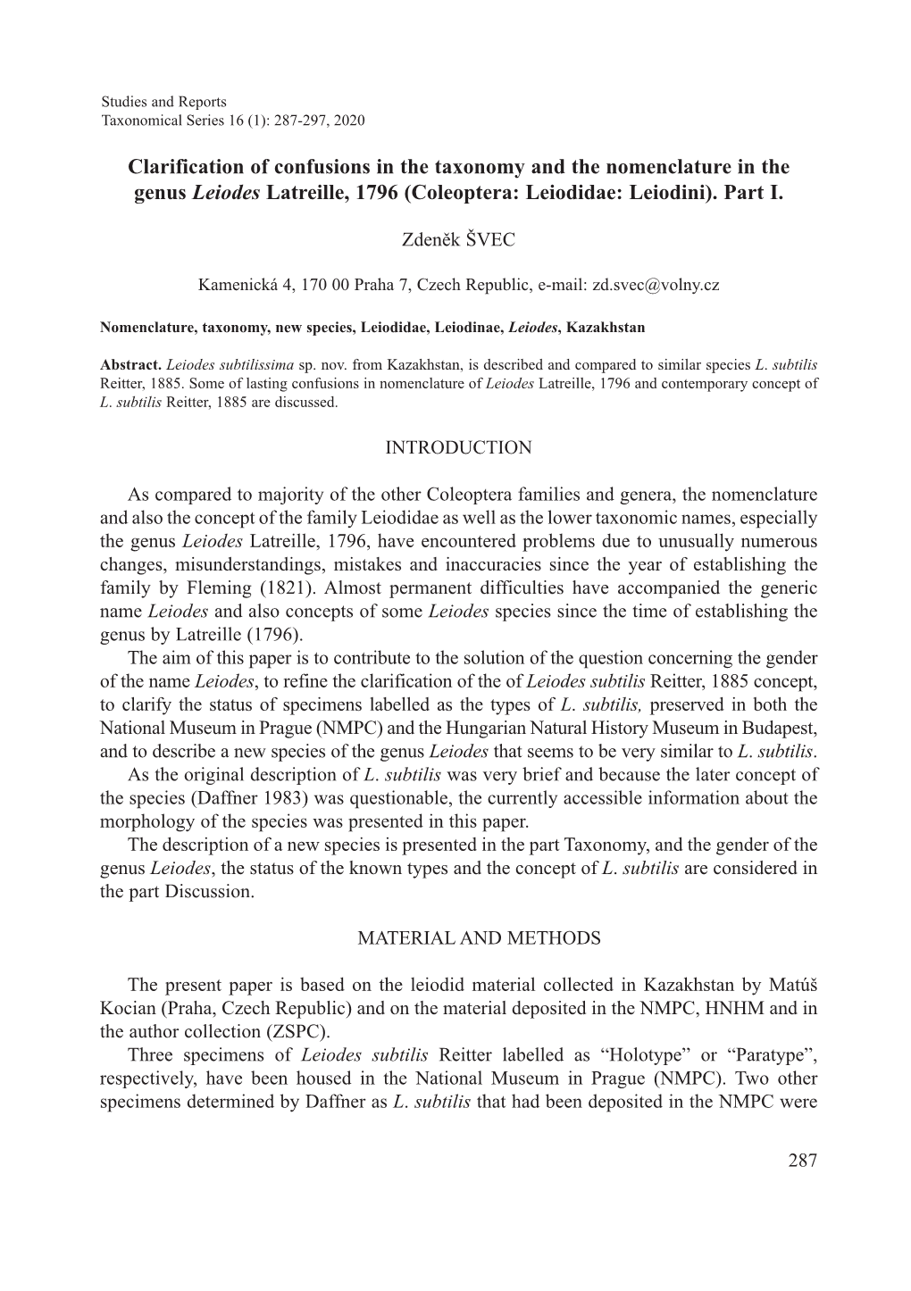 Clarification of Confusions in the Taxonomy and the Nomenclature in the Genus Leiodes Latreille, 1796 (Coleoptera: Leiodidae: Leiodini)