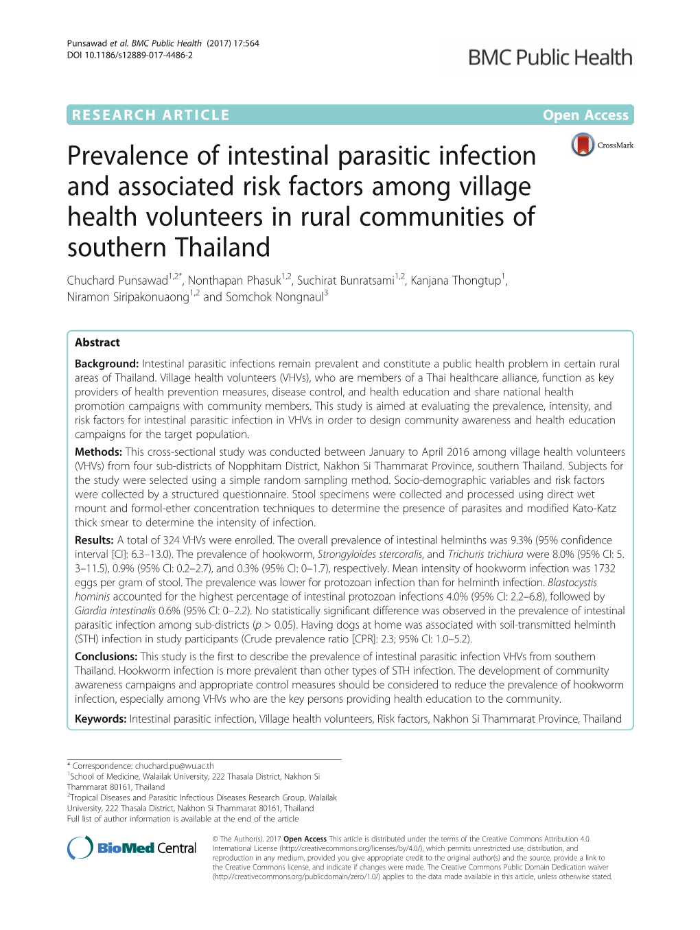 Prevalence of Intestinal Parasitic Infection and Associated Risk Factors