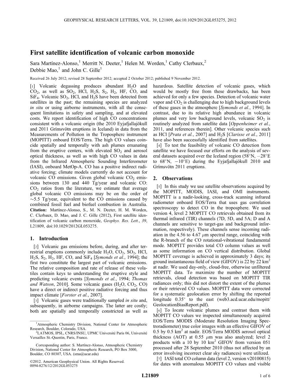 First Satellite Identification of Volcanic Carbon Monoxide Sara Martínez-Alonso,1 Merritt N