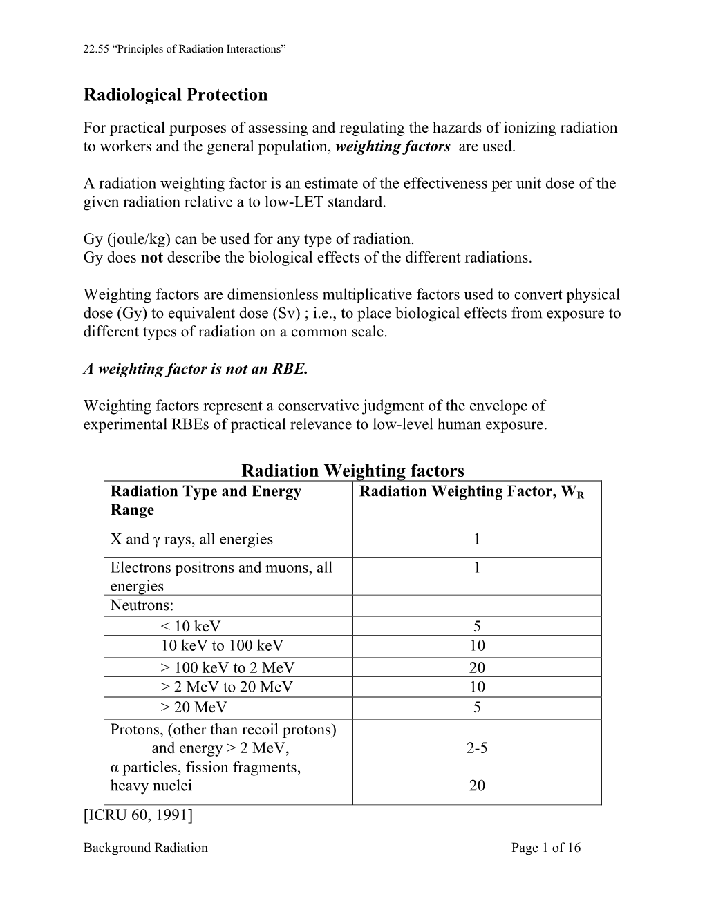 Radiation Weighting Factors