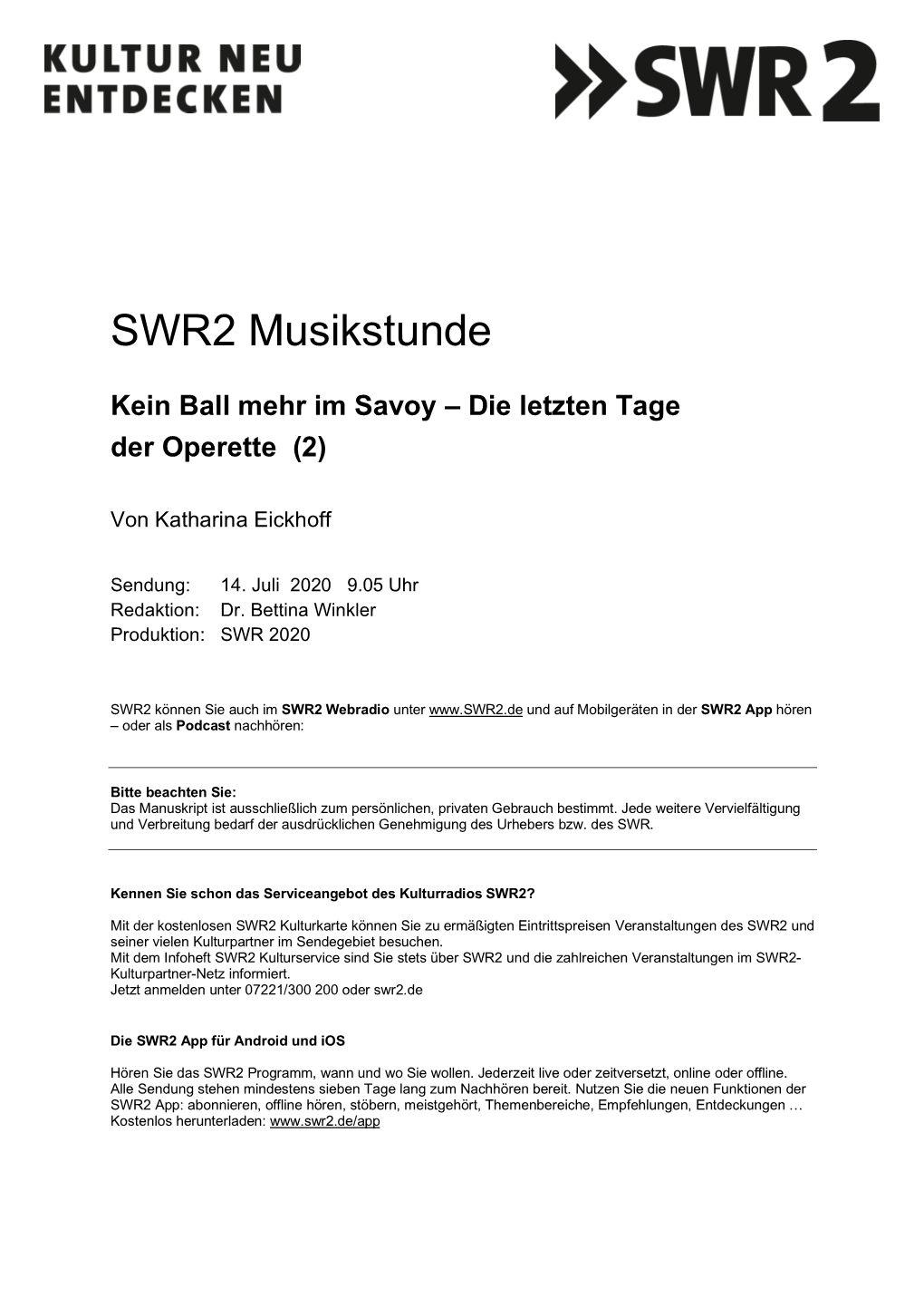 SWR2 Musikstunde Kein Ball Mehr Im Savoy – Die Letzten Tage Der Operette