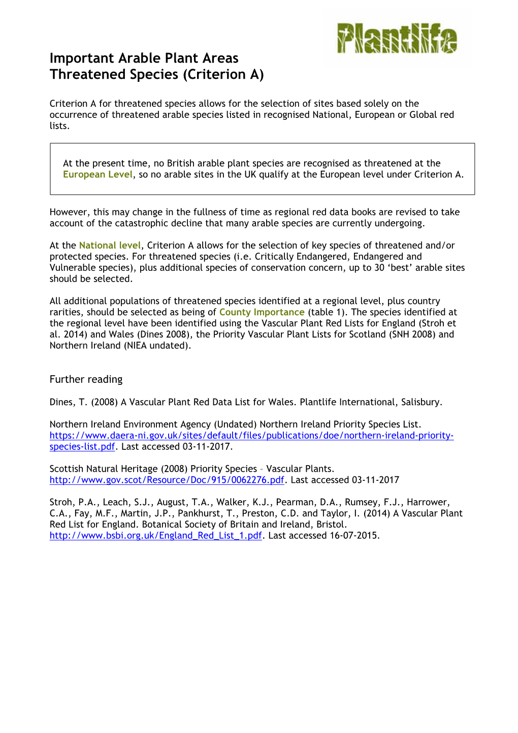 Important Arable Plant Areas Threatened Species (Criterion A)