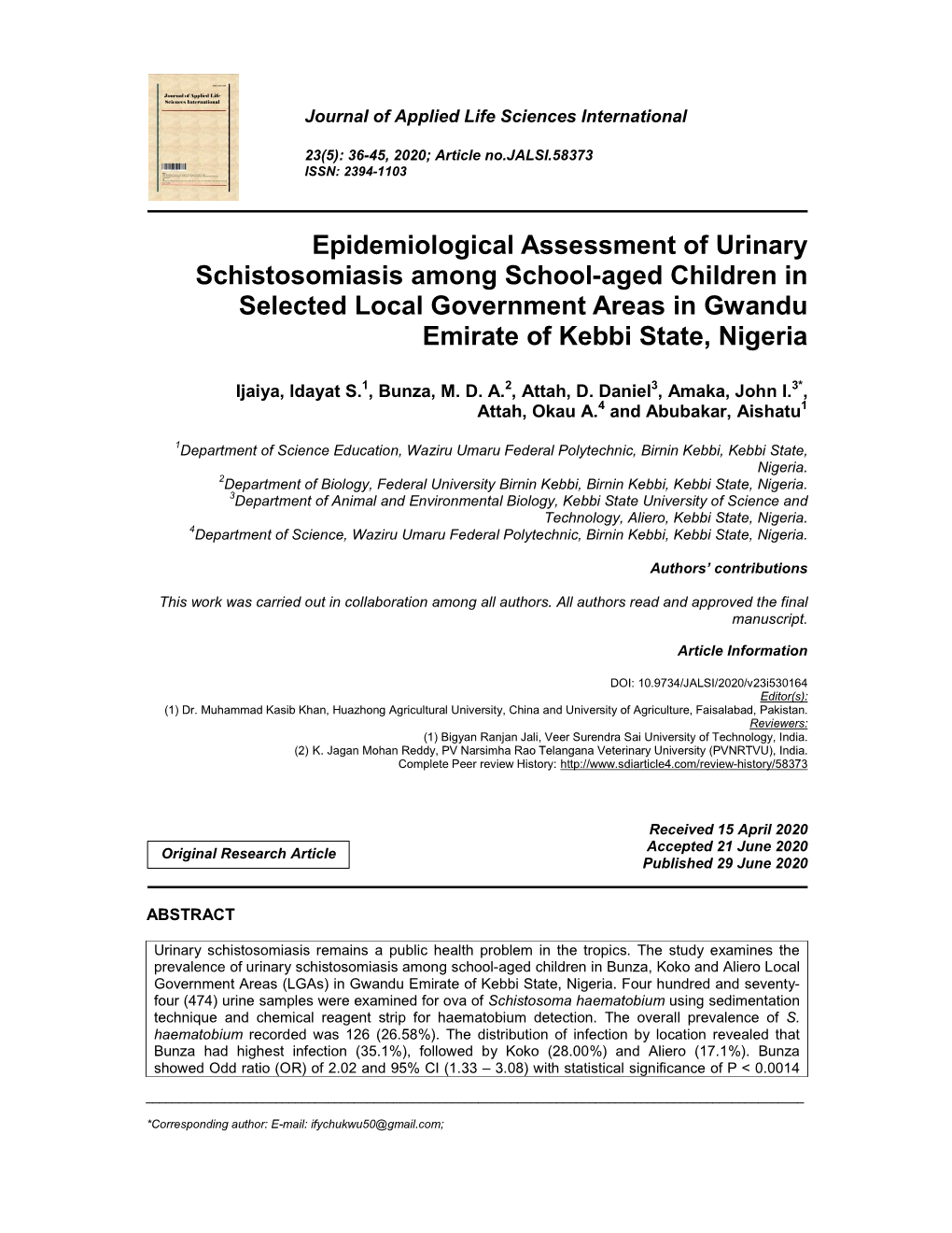 Epidemiological Assessment of Urinary Schistosomiasis Among School-Aged Children in Selected Local Government Areas in Gwandu Emirate of Kebbi State, Nigeria