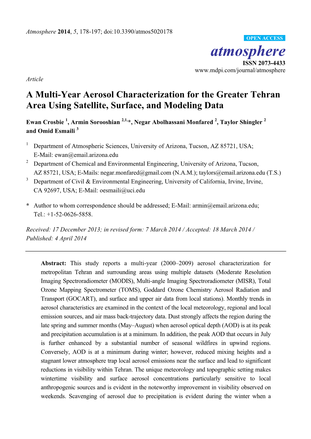 A Multi-Year Aerosol Characterization for the Greater Tehran Area Using Satellite, Surface, and Modeling Data
