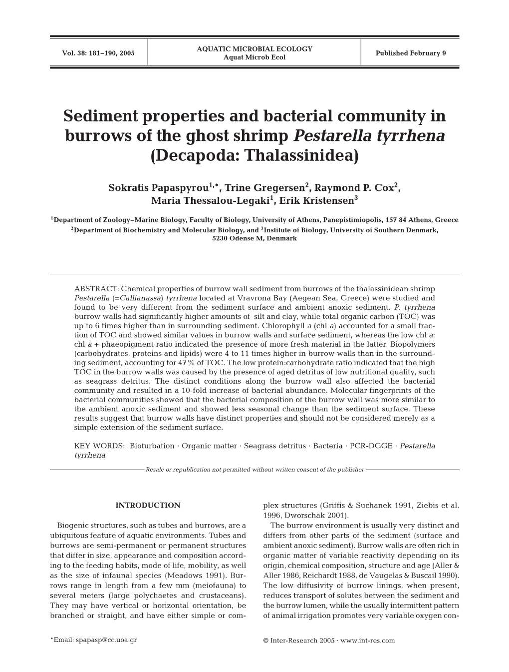 Sediment Properties and Bacterial Community in Burrows of the Ghost Shrimp Pestarella Tyrrhena (Decapoda: Thalassinidea)