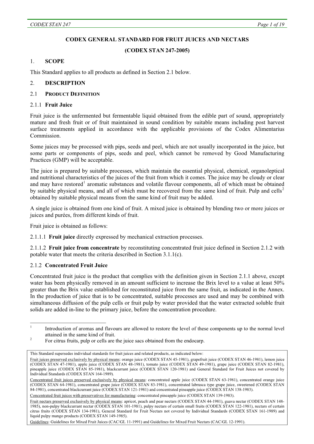 Codex General Standard for Fruit Juices and Nectars